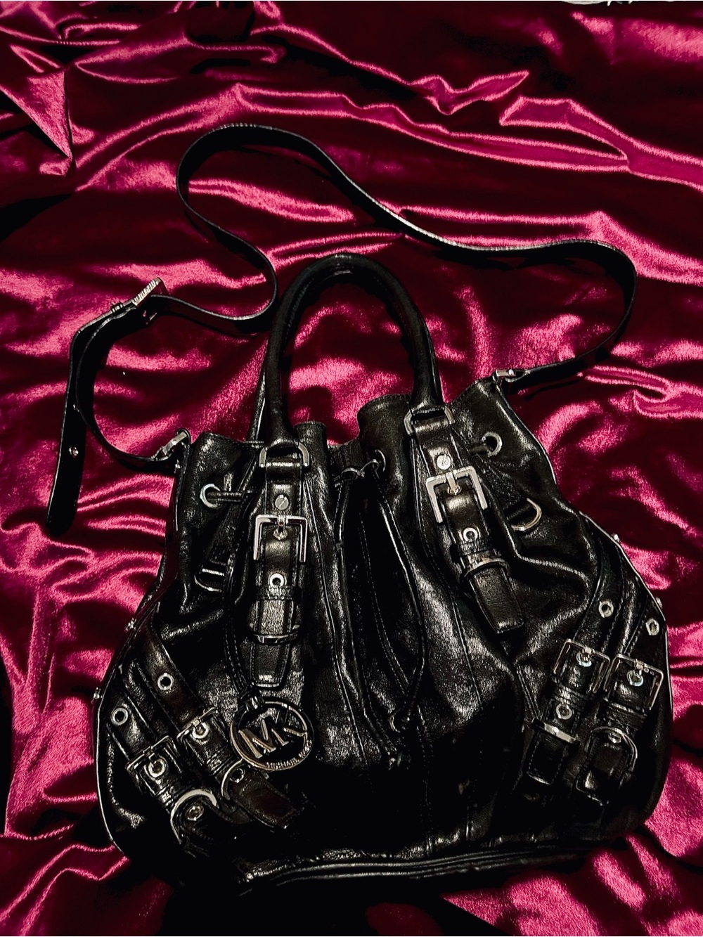 Michael Kors Milo Black Distressed Leather Bucket Bag Satchel Vintage Y2K